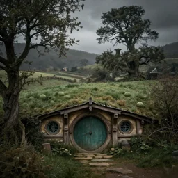 wide shot of hobbiton in the style of dark souls, fromsoftware, elden ring, bloodborne