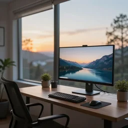 photo of a home office dream setup, high-end computer, office chair, large monitor, cozy, soft light, beautiful peaceful view out of the large window