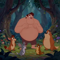 Movie frame from the coloured Disney animated motion picture released in 1937, evil Mark Zuckerberg shaped creatures are living in the forest, beautiful enchanted forest full of critters, directed by Walt Disney,  highly detailed background paintings by Thomas Kinkade