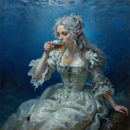 a 1 8 th century, messy, silver haired, ( ( ( mad ) ) ) elf princess ( look like ( ( young kate winslet ) ) ), dressed in a ( ( ragged ) ), wedding dress, is ( ( drinking a cup of tea ) ). everything is underwater! and floating. blue, theatrical, ( ( lumnious ) ) fantasy oil canvas by jakub rozalski, jan matejko