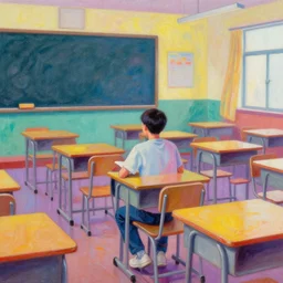 guy sitting in an empy class. school. psychedelic style. painting.