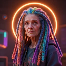 old woman with long dreadlocks in rainbow colors, trending artstation, ambient lighting, orange halo, neon artifacts, 3 d render by andrei riabov