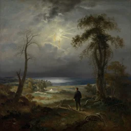 Landscape by Ferdinand Keller and Arnold Böcklin and Jean-Auguste-Dominique Ingres and Michael Whelan and Albert Bierstadt, moody atmosphere, cinematic atmospheric, artstation, high definition