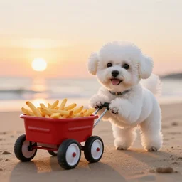 a photorealistic photograph of a smiling white Bichon Frisé puppy pulling a little red wagon filled by french fries during sunset at the beach Trending on Artstation, featured on Behance, well-rendered, Unreal Engine, 4K HD