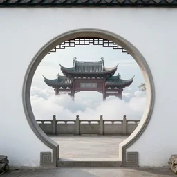 circular gate in a white wall, leading to heaven. chinese architecture. fantasy. detailed. smooth. sharp focus. trending on artstation. artist greg rutkowski.