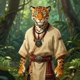 character portrait feature of the anthro male anthropomorphic jungle cat jaguar fursona animal person wearing shaman outfit robes belt standing in the amazon rainforest, character design stylized by charlie bowater, ross tran, artgerm, makoto shinkai, detailed, soft lighting, rendered in octane
