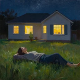 a realistic painting of a woman lying on the grass outside of her house, staring up at the starts, it is dusk, warm light coming from the windows