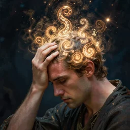 A man clutches his head as glowing magical runes spiral out from his head, by Alex Horley