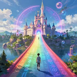 A landscape with a giant rainbow bridge leading to a castle, magical portal, cyberpunk, glowing runes, technology, Low level, rendered by Beeple, Makoto Shinkai, syd meade, simon stålenhag, environment concept, synthwave style, digital art, unreal engine, WLOP, trending on artstation, 4K UHD image, octane render,