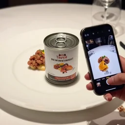 canned dog food on a plate, gourmet michelin restaurant, smartphone photo, whatsapp, low quality photo