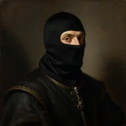 portrait of a medieval thief wearing black balaclava mask by George Stubbs, renaissance painting, oild painting, old master