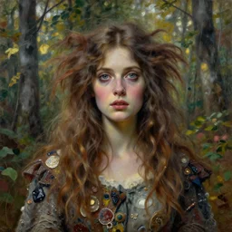 a beautiful and eerie baroque painting of a gorgeous young woman from vermont, with wild hair and haunted eyes, 1 9 7 0 s, woodland, afternoon light, mixed media embellishments, painterly