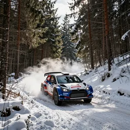 a tank driving along a rallycross course in a snowy forest