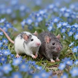 A photo of rats danicng on a land full of blue flowers