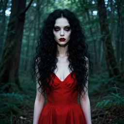 in the style of loish, artgerm, symmetrical face, evil dead demon, pretty alyson hannigan, evil dead demon, evil dead movie, red dress, symmetrical eyes, symmetrical eyes, long curly black hair, trees, symmetrical eyes, forest, evil dead, forest, cinematic lighting, evil dead, artgerm, loish