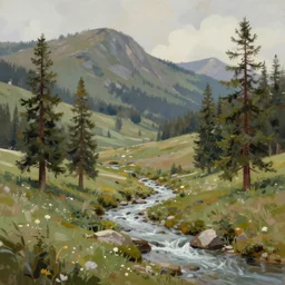 mountain valley dotted with pine trees with a stream flowing through it, by joar jakobsson, detailed digital painting, concept art, brushstrokes, elegant, calming, serene, 8 k