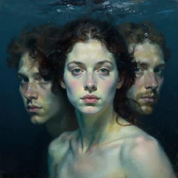 hyperrealist woamn portrait underwater dark ocean wet by lucian freud and victo ngai and ilya repin very detailed faces