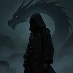 a hooded figure standing in the shadows, a silhouette of a dragon is seen in the background, fantasy art, artstation, trending, ultra detailed, emotional