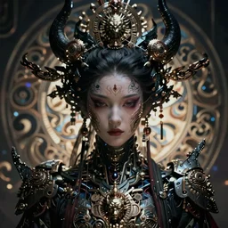 akira from chinese mythology, hi - tech luciferian synthetic, gorgeous and huge head ornaments, dystopian, cyberpunk, mecha, cinematic dramatic light, ominous, intricate, studio, art by alphonse mucha, concept art, 4 k, sharp focus
