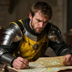 Closeup of frustrated and acerbic male medieval sergeant with no beard wearing a {black and yellow tabard} over a steel breastplate and a black gambeson looking at a map on a table, intricate, dramatic lighting illustration by Greg Rutkowski, {perfect face}, {perfect eyes}, fantasy