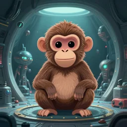 cartoon style macaque inside alien base, digital art, soft shadows, creepy art