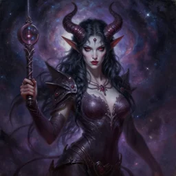 a beautiful galactic demoness, painted by artgerm and tom bagshaw, fantasy art, dramatic lighting, highly detailed oil painting