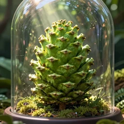 matte painting of the last ever oversized light green pinecone, big, in frame, in focus. found in a glass dome in an jungle. detailed concept art by stephan martiniere, hayao miyazaki, jorge jacinto. volumetric lighting, god rays, spot light on the pinecone, atmospheric, mysterious, sense of awe. trending on behance