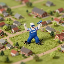 kool - aid man busting through a country side village, realistic, tilt shift, isometric