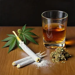 still life with cocaine, marihuana and whiskey, airbrush, by masato saito, by caravaggio, high detail, 4 k