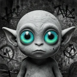 detailed closeup portrait of magical cute grey goblin with giant drug eyes, in the style of rob lefield and dan mumford, epic gradient, by atey ghailan, by greg rutkowski, by greg tocchini, by james gilleard, by joe fenton, by kaethe butcher, gradient olive turquiose, black and white color scheme, grunge aesthetic, graffiti tag