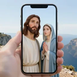 selfie from a mobile phone of jesus and mary magdalene standing on a cliff looking over a beautiful landscape with castles in france, award winning photo, very detailed, very realistic