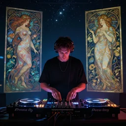 A wide shot of a man djing at night under the stars, beautiful, digital art, artstation, hyperrealistic, 8k, unreal engine, octane render, trending on artstation, art by Artgerm and Greg Rutkowski and Alphonse Mucha