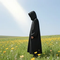 a hooded figure in a black robe standing in a flower meadow while bright light beam is emmited from the sky onto him, illustration by Gustave Dore, 18th century drawing , black and white, highly detailed, 4k, concept art, artstation