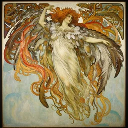 a beautifull intricate painting of a disembodied soul wearing a feathered cloak surrounded by tendrils, flying silk, vivid colors, artstation, by jeremy mann, by alphonse mucha,