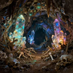 a cave with huge multicoloured glowing crystals in the walls and piles of bones on the floor, art by donato giancola and greg rutkowski