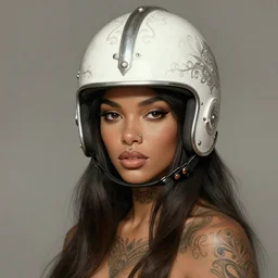 an attractive young tattooed female with piercings wearing an white ornate metallic helmet, naomi campbell, olive skin, long dark hair, beautiful bone structure, intricate, elegant, highly detailed, digital painting, artstation, concept art, smooth, sharp focus, illustration, art by artgerm and greg rutkowski and alphonse mucha