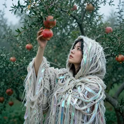 a closeup portrait of a woman wearing a cloak made of tangled twisted knotted iridescent ribbon, picking pomegranates from a tree in an orchard, foggy, moody, photograph, by vincent desiderio, canon eos c 3 0 0, ƒ 1. 8, 3 5 mm, 8 k, medium - format print