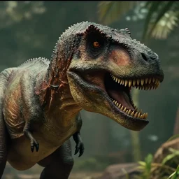 Film still close-up shot of Dwayne Johnson with a dinosaur in the movie Jurassic Park. Photographic, photography