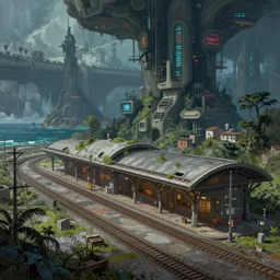 a beautiful detailed painting of railroad station architecture by alejandro aravena, wilderness azeroth futuristic dieselpunk vice city reclaimed by nature nightvision fantasy cyberpunk sea, archdaily, wallpaper, highly detailed, trending on artstation.
