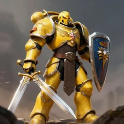 dynamic portrait of a cyclopean warforged character in yellow armor holding a paladin engraved longsword and carrying a big shield, epic , trending on ArtStation, cinematic lighting, by Greg Rutkowski and Jesper Ejsing