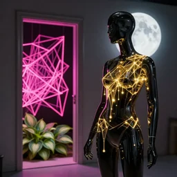 beautiful mannequin sculpted out of black glass by billelis + lit with geometric neon dripping gold + moon in background!!!, facing a doorway opening with neon pink geometric fractal light + hosta flowers!, award winning, clean linework, dramatic, finely detailed, 4 k, trending on artstation, photorealistic, volumetric lighting, octane render