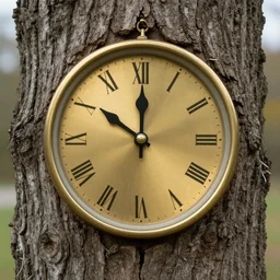 brass clock embedded in a tree trunk