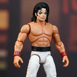 michael jackson muscular powerlifter by neca!!! pretty! beautiful! muscular white pants very detailed realistic action figure by neca close up mid body in the style of neca, character by neca, film still, bokehs