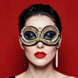 an 8 0 s portrait of a woman with dark eye - shadow and red lips with dark slicked back hair dreaming acid - fueled hallucinations wearing a mask of beads by serge lutens, rolf armstrong, delphin enjolras, peter elson, flat surreal psychedelic colors, background of classic red cloth