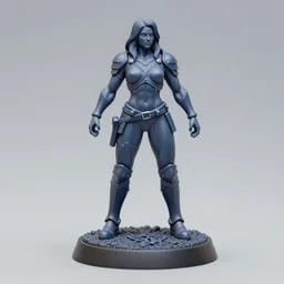 80mm resin detailed miniature of a muscular woman in armor, full body, stomach, navel, boots, Logo, textured disc base; Product Introduction Photos, 4K, view from front