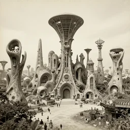 old photograph from a strange alien city, organic buildings