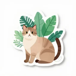 one cat and tropical plant illustration vinyl sticker, one sticker, white background, sharp, clear focus, high quality, studio lighting, trending on instagram, product