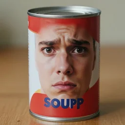 a can of soup with a human face, looking very worried