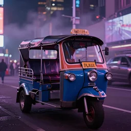 a blue and white tuk tuk in Times Square at night, hazy, cloudy, diffused lighting, concept art, dark purple tones, shallow depth of field4k