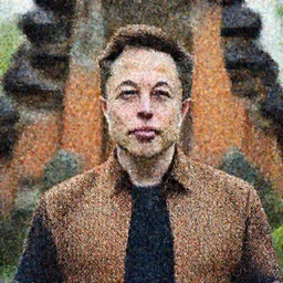 A Photo Portrait of elon musk Wearing Indonesian Batik at a Bali temple, award winning photography, sigma 85mm Lens F/1.4, blurred background, perfect faces